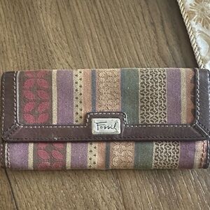 Fossil Multicolor Striped Canvas and Brown Leather Wallet